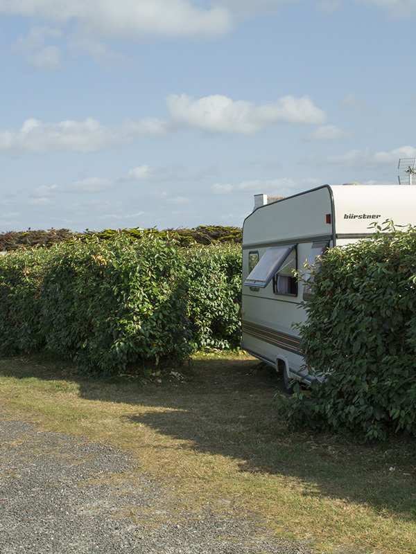 Caravane sur un emplacement de camping entouré de haies végétales