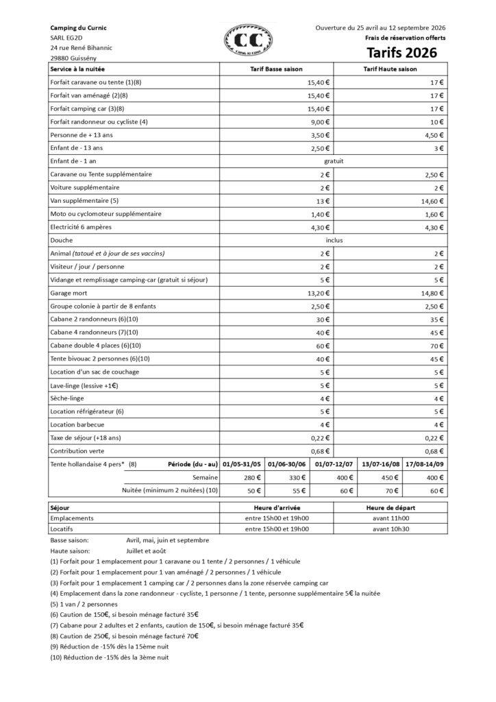 Tarifs emplacements et hébergements 2026